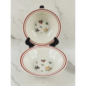 Stone Ware Cereal Bowl 7" Fruit Design Strawberry Grapes Pear Cream Red Trim x2